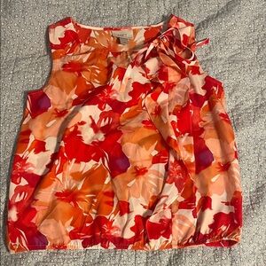 LOFT Red & Orange Floral Tie-Neck Sleeveless Blouse